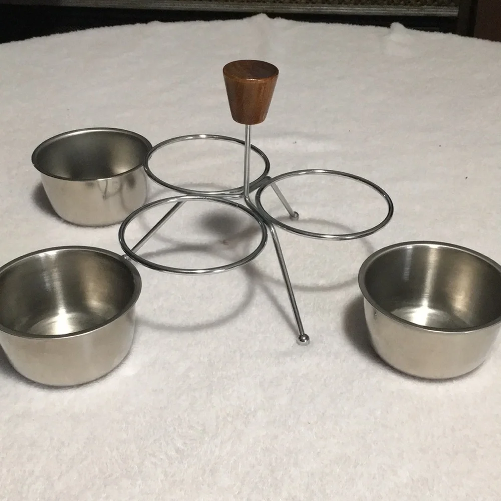 Condiment tray w/bowls. Wooden knob stainless bowls Mid Century Modern vintage